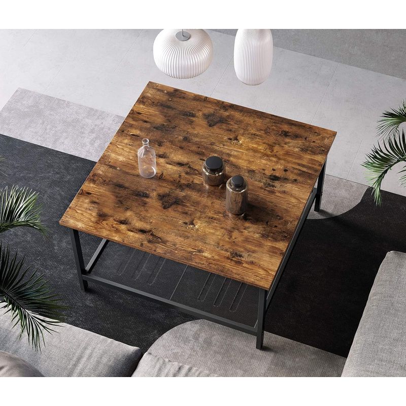 Casa si Gradina - Mobilier - Mese si birouri - Masute de cafea - Masa de cafea patrata, cadru otel si polita de depozitare, stil industrial, 80x80x45cm, maro rustic si negru - Infinity.ro