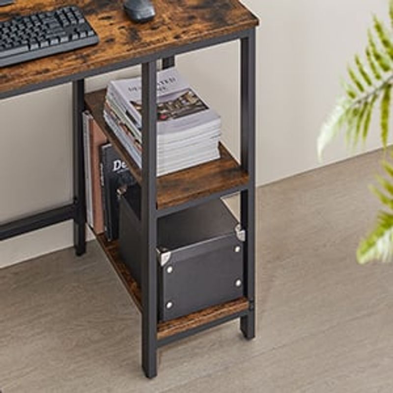 Casa si Gradina - Mobilier - Mese si birouri - Birouri - Birou de colt in forma de L, cu 2 rafturi de depozitare, 138x138x75cm, industrial, maro rustic si negru - Infinity.ro
