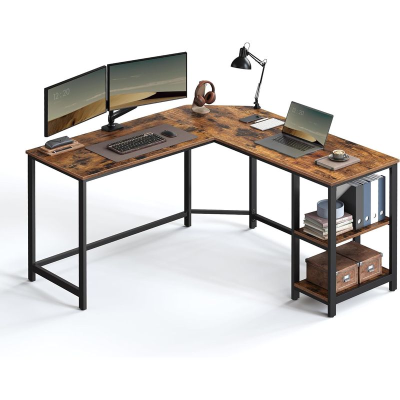 Casa si Gradina - Mobilier - Mese si birouri - Birouri - Birou de colt in forma de L, cu 2 rafturi de depozitare, 138x138x75cm, industrial, maro rustic si negru - Infinity.ro