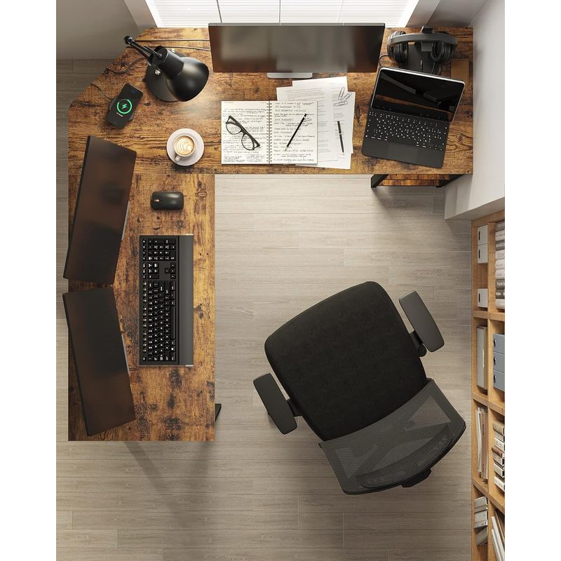 Casa si Gradina - Mobilier - Mese si birouri - Birouri - Birou de colt in forma de L, cu 2 rafturi de depozitare, 138x138x75cm, industrial, maro rustic si negru - Infinity.ro