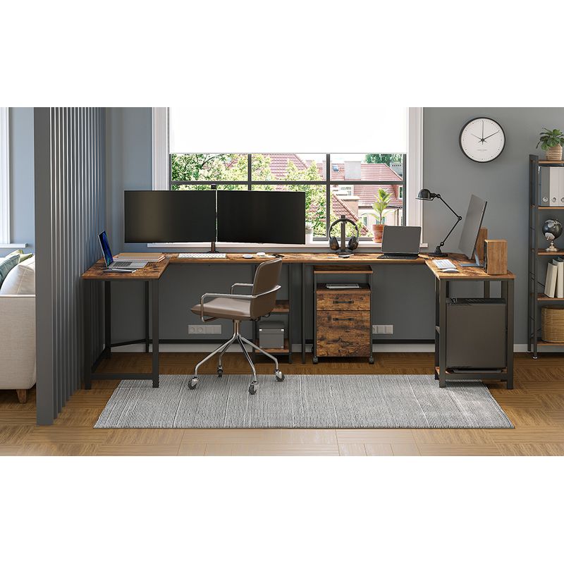 Casa si Gradina - Mobilier - Mese si birouri - Birouri - Birou de colt in forma de L, cu 2 rafturi de depozitare, 138x138x75cm, industrial, maro rustic si negru - Infinity.ro