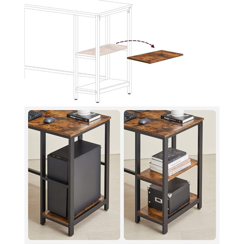 Casa si Gradina - Mobilier - Mese si birouri - Birouri - Birou de colt in forma de L, cu 2 rafturi de depozitare, 138x138x75cm, industrial, maro rustic si negru - Infinity.ro