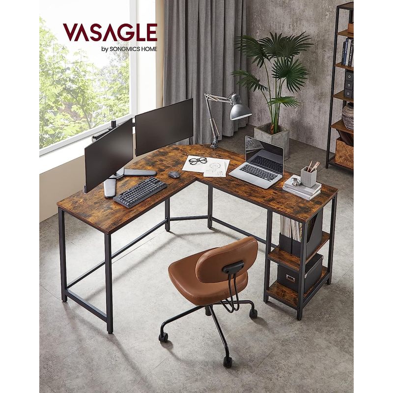 Casa si Gradina - Mobilier - Mese si birouri - Birouri - Birou de colt in forma de L, cu 2 rafturi de depozitare, 138x138x75cm, industrial, maro rustic si negru - Infinity.ro