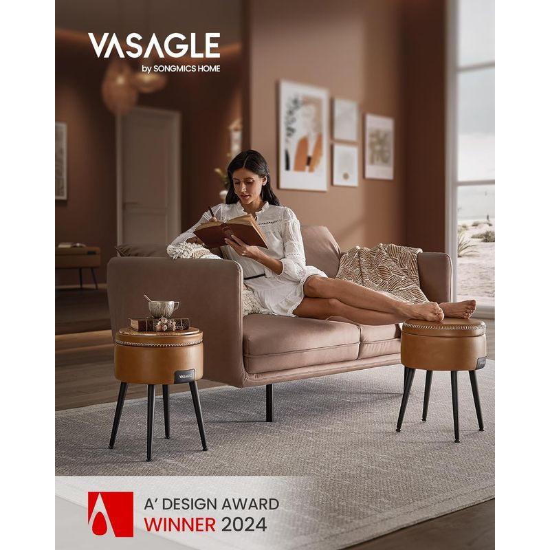 Casa si Gradina - Mobilier - Scaune si fotolii - Tabureti - Taburet cu spatiu de depozitare, tapitat PU, cu 2 fete, diametru 32 cm, maro - Infinity.ro
