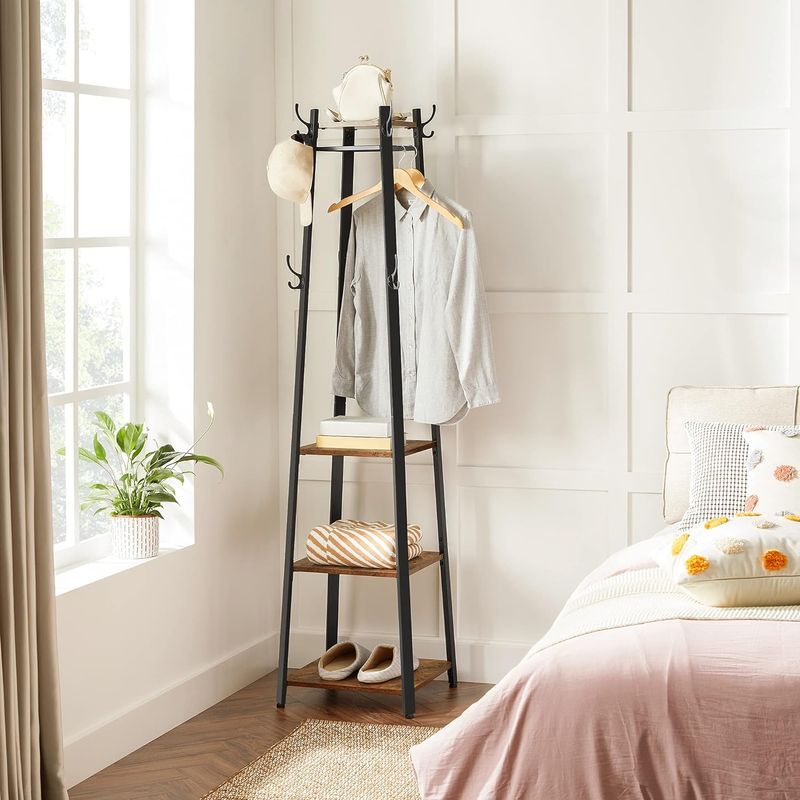 Casa si Gradina - Mobilier - Organizare si depozitare - Cuiere - Cuier de haine cu 3 rafturi, suport cu carlige, din otel, 43x43x180 cm, stil industrial, maro rustic si negru - Infinity.ro