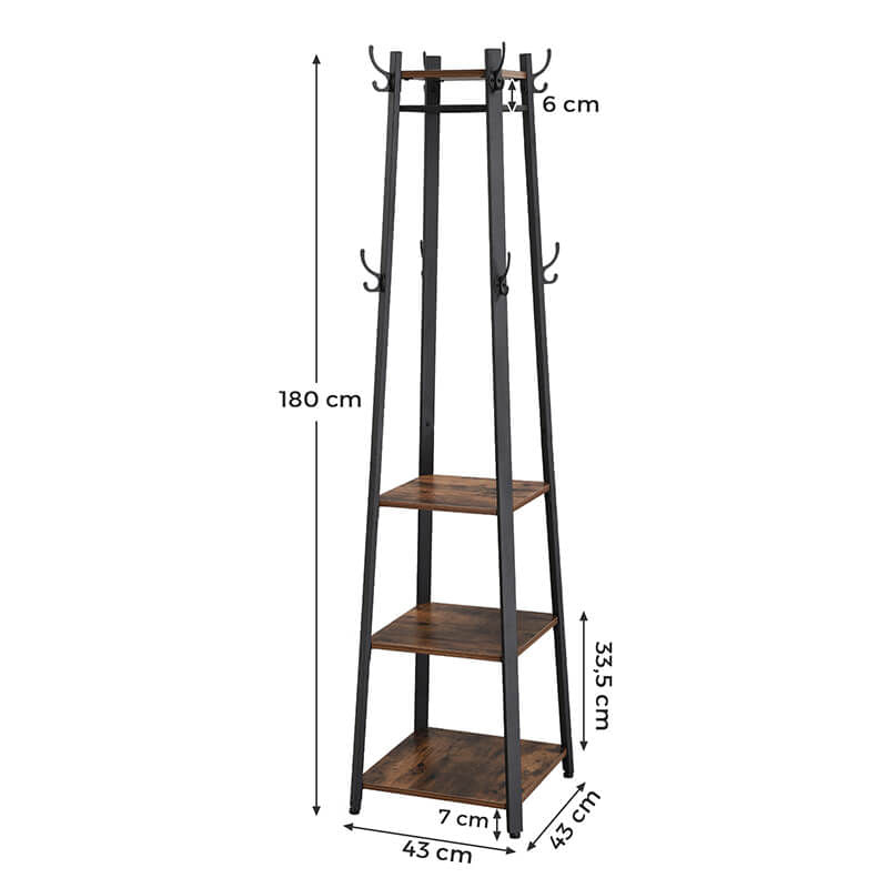 Casa si Gradina - Mobilier - Organizare si depozitare - Cuiere - Cuier de haine cu 3 rafturi, suport cu carlige, din otel, 43x43x180 cm, stil industrial, maro rustic si negru - Infinity.ro