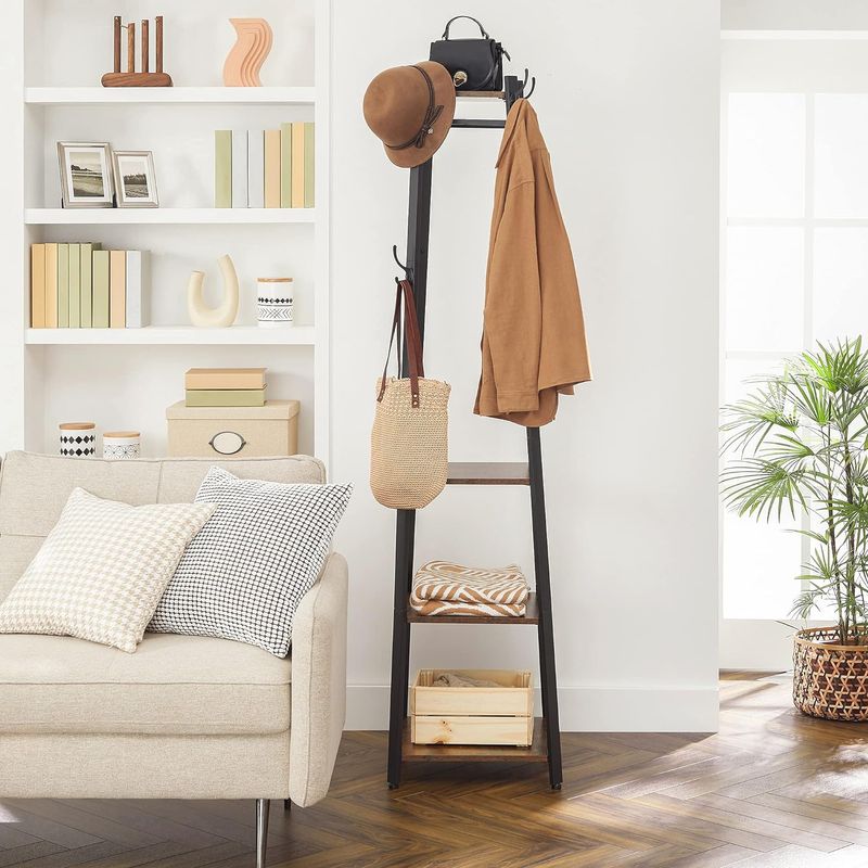 Casa si Gradina - Mobilier - Organizare si depozitare - Cuiere - Cuier de haine cu 3 rafturi, suport cu carlige, din otel, 43x43x180 cm, stil industrial, maro rustic si negru - Infinity.ro