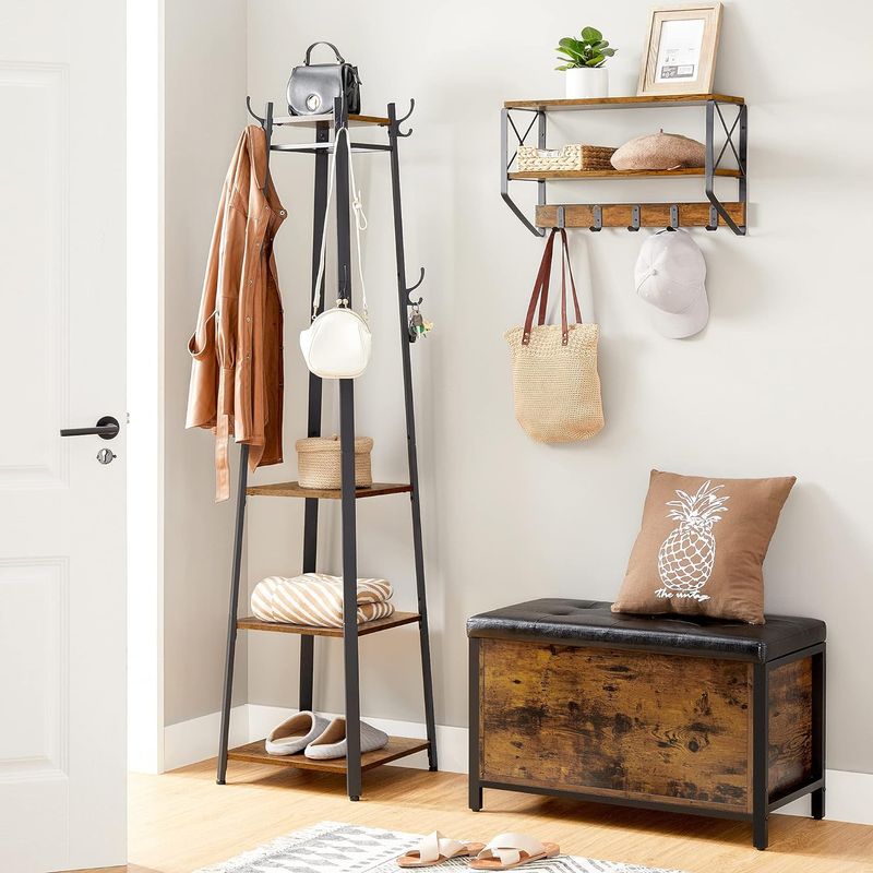 Casa si Gradina - Mobilier - Organizare si depozitare - Cuiere - Cuier de haine cu 3 rafturi, suport cu carlige, din otel, 43x43x180 cm, stil industrial, maro rustic si negru - Infinity.ro
