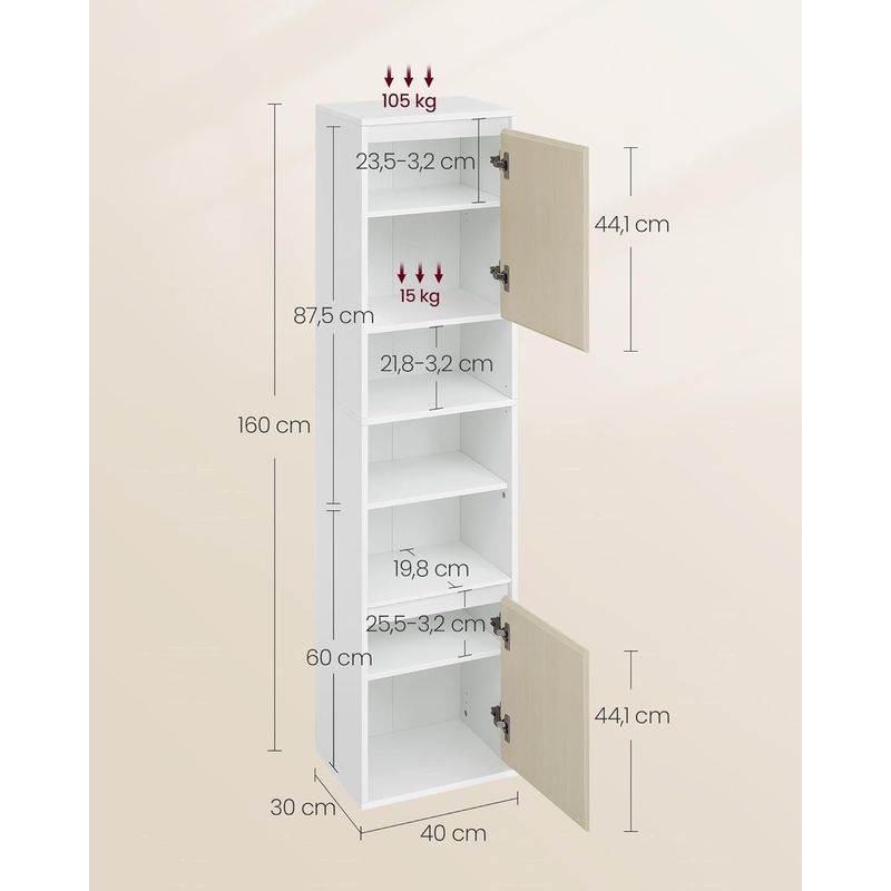 Casa si Gradina - Mobilier - Mobilier baie - Corpuri baie - Dulap baie cu montare pe podea sau perete, 7 compartimente, 30x40x160 cm, alb bej - Infinity.ro
