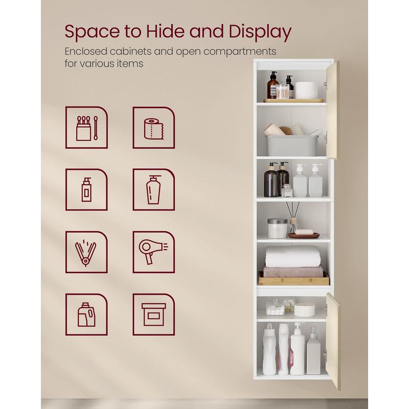 Casa si Gradina - Mobilier - Mobilier baie - Corpuri baie - Dulap baie cu montare pe podea sau perete, 7 compartimente, 30x40x160 cm, alb bej - Infinity.ro