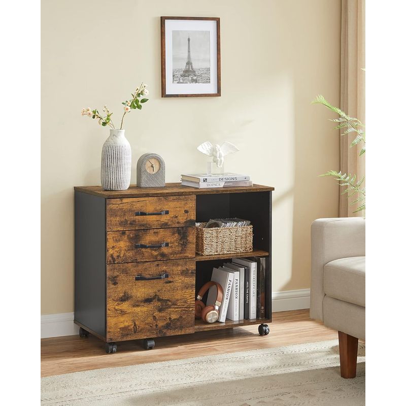 Casa si Gradina - Mobilier - Mese si birouri - Birouri - Dulap mobil tip rollbox pentru birouri, sertar cu sina suport dosare, stil industrial, 40x80x66 cm, maro rustic - Infinity.ro
