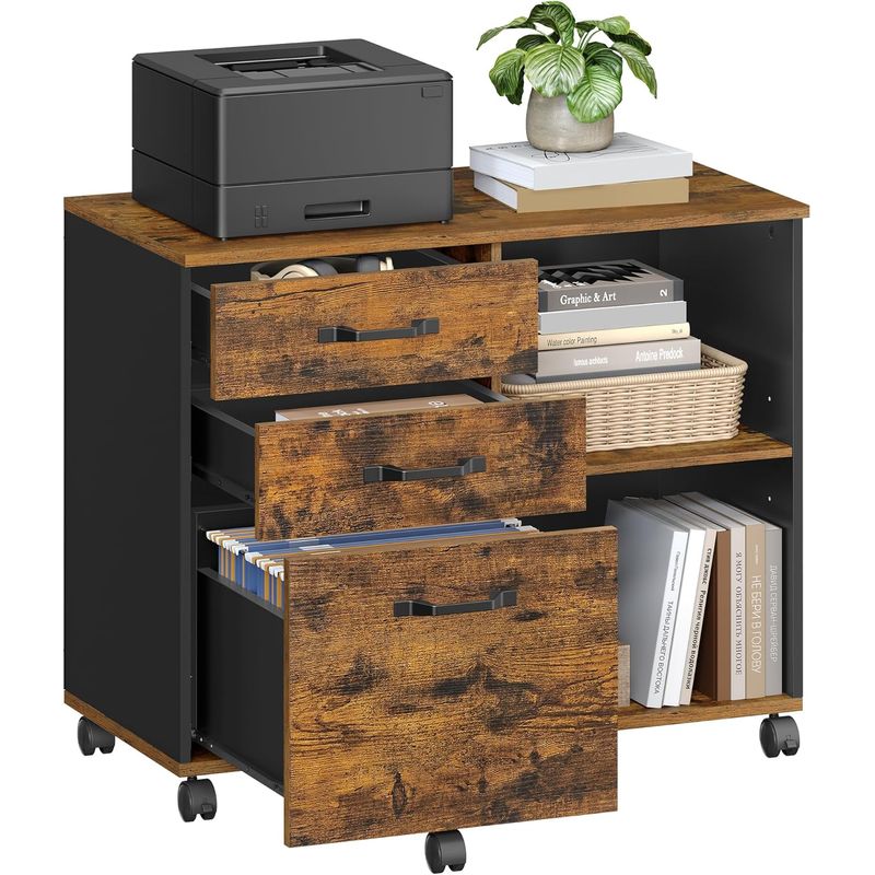 Casa si Gradina - Mobilier - Mese si birouri - Birouri - Dulap mobil tip rollbox pentru birouri, sertar cu sina suport dosare, stil industrial, 40x80x66 cm, maro rustic - Infinity.ro