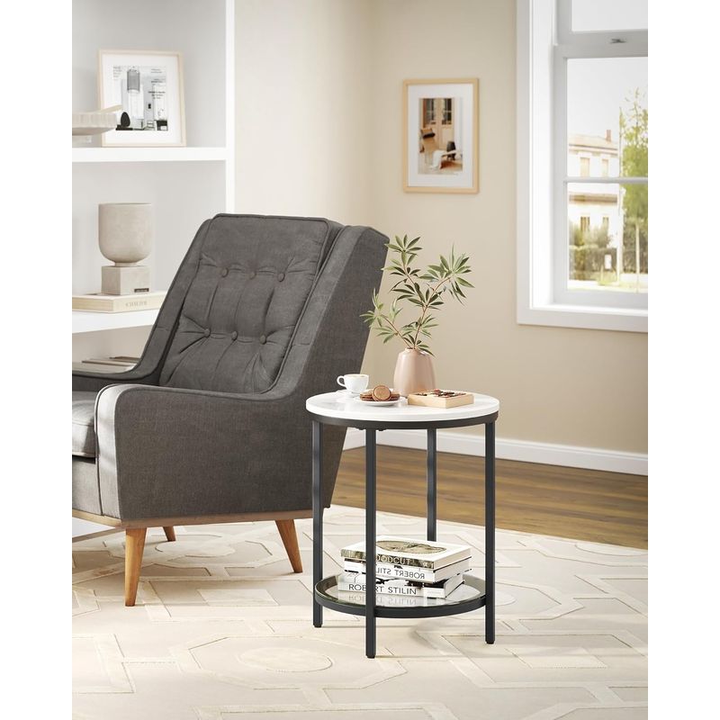 Casa si Gradina - Mobilier - Mese si birouri - Masute de cafea - Masa rotunda, cu cadru de otel, noptiera, 45x55cm, negru cu blat alb aspect marmura - Infinity.ro