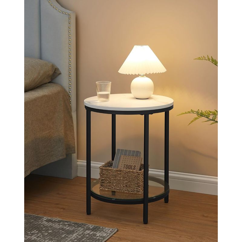 Casa si Gradina - Mobilier - Mese si birouri - Masute de cafea - Masa rotunda, cu cadru de otel, noptiera, 45x55cm, negru cu blat alb aspect marmura - Infinity.ro