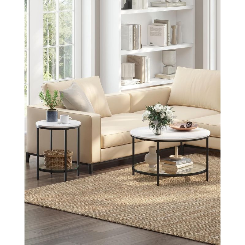 Casa si Gradina - Mobilier - Mese si birouri - Masute de cafea - Masa rotunda, cu cadru de otel, noptiera, 45x55cm, negru cu blat alb aspect marmura - Infinity.ro