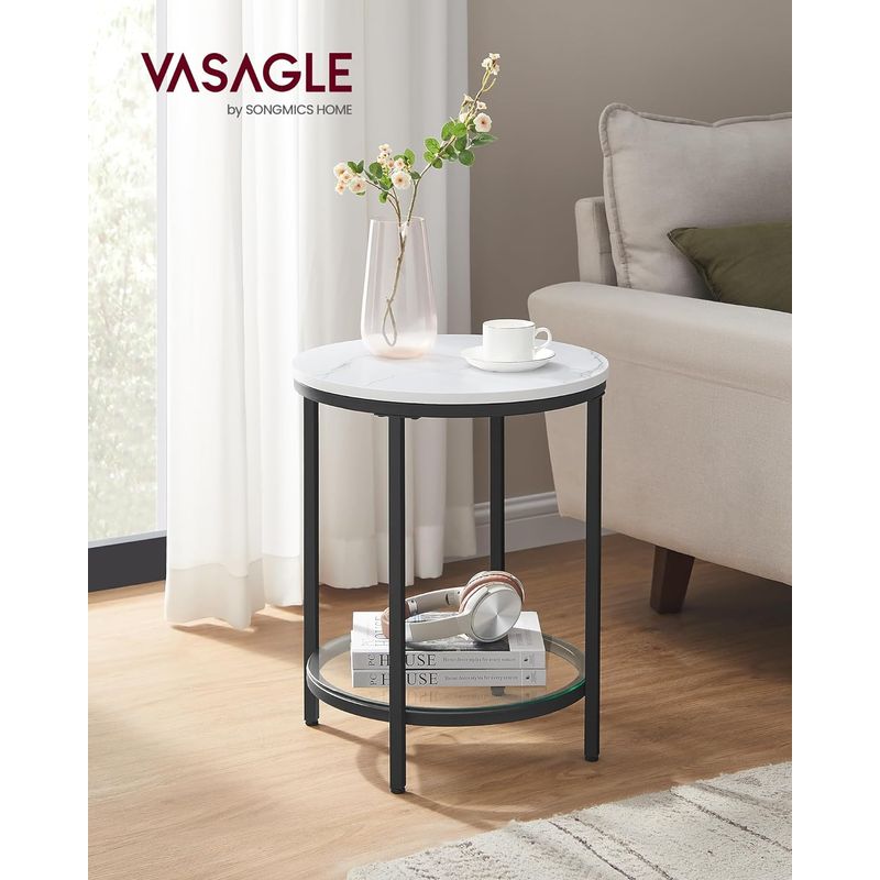 Casa si Gradina - Mobilier - Mese si birouri - Masute de cafea - Masa rotunda, cu cadru de otel, noptiera, 45x55cm, negru cu blat alb aspect marmura - Infinity.ro