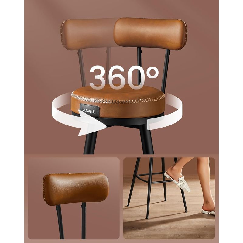 Casa si Gradina - Mobilier - Scaune si fotolii - Scaune - set 2 scaune de bar rotative 360A°, cu spatar, inaltime 101 cm, piele sintetica, cadru otel, stil modern, maro - Infinity.ro