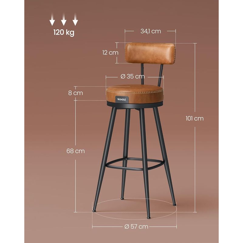 Casa si Gradina - Mobilier - Scaune si fotolii - Scaune - set 2 scaune de bar rotative 360A°, cu spatar, inaltime 101 cm, piele sintetica, cadru otel, stil modern, maro - Infinity.ro