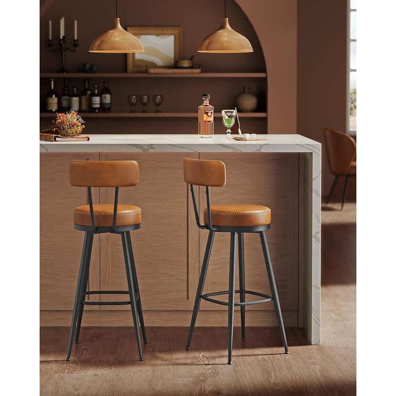 Casa si Gradina - Mobilier - Scaune si fotolii - Scaune - set 2 scaune de bar rotative 360A°, cu spatar, inaltime 101 cm, piele sintetica, cadru otel, stil modern, maro - Infinity.ro