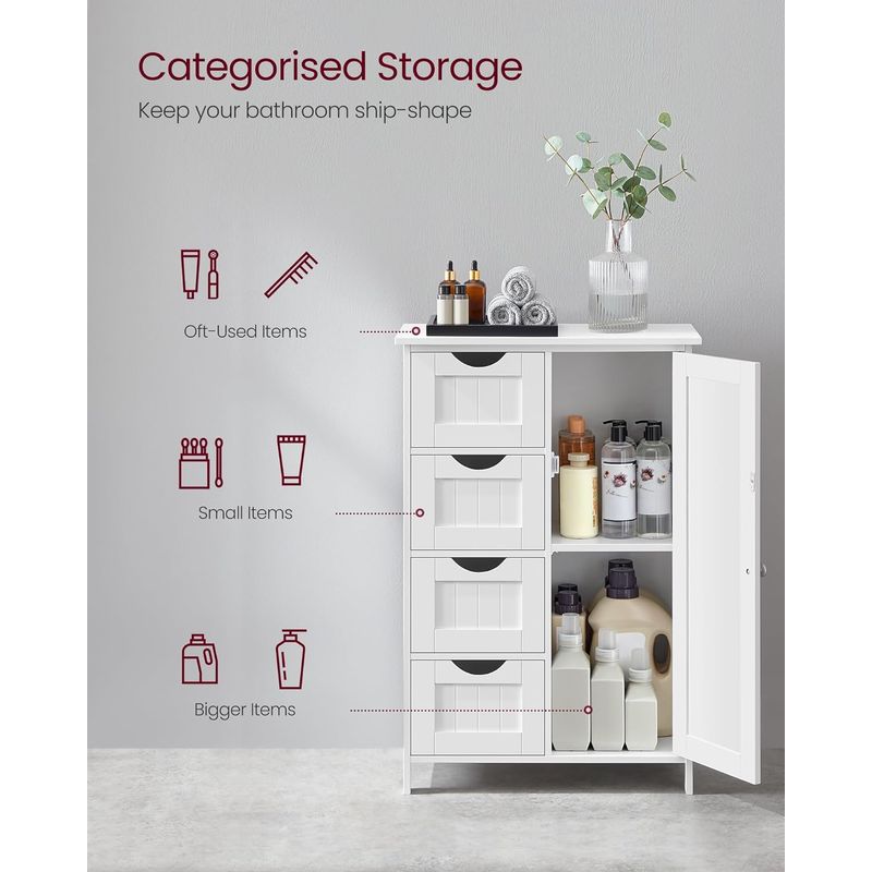 Casa si Gradina - Mobilier - Mobilier baie - Corpuri baie - Dulap de depozitare pe podea pentru baie, din lemn, cu 4 sertare, 1 usa, rafturi reglabile, 30x55x82cm, alb - Infinity.ro