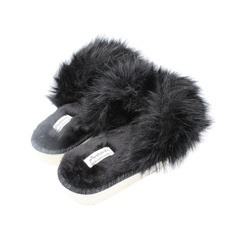 Fashion, accesorii si bijuterii - Femei - Incaltaminte femei - Slapi si papuci femei - Papuci de casa pufosi dama Antonio, negru, confort premium, poliester + talpa EVA, 36-37 EU - Infinity.ro
