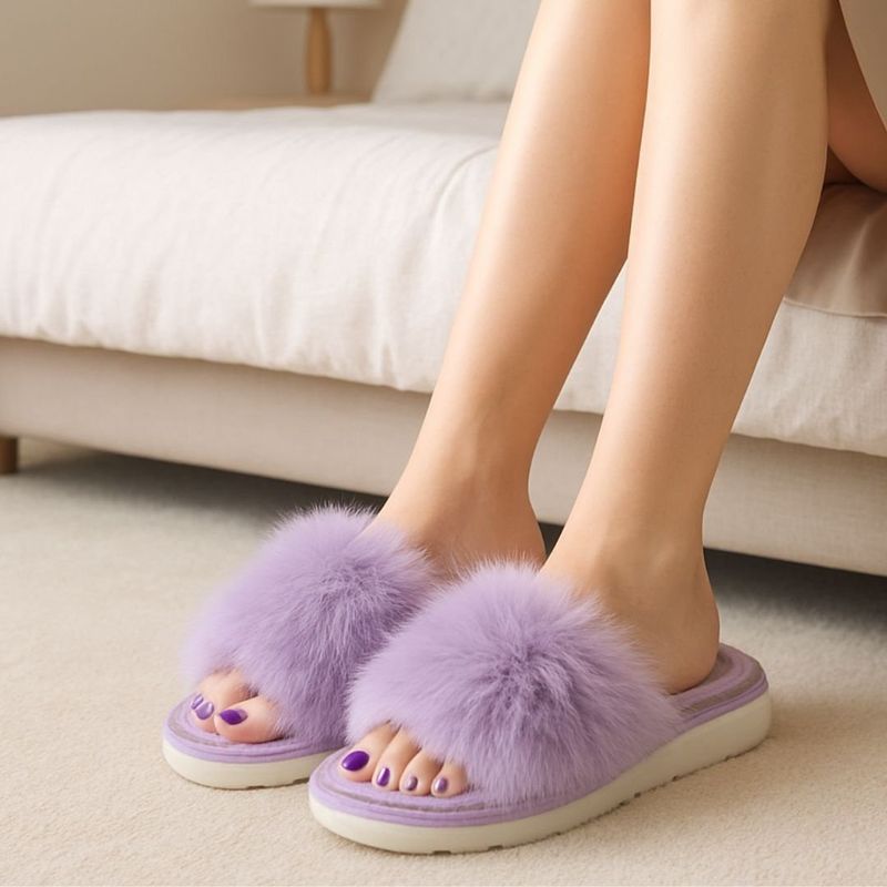 Fashion, accesorii si bijuterii - Femei - Incaltaminte femei - Slapi si papuci femei - Papuci de casa pufosi dama Antonio, mov, confort premium, poliester + talpa EVA, 38-39 EU - Infinity.ro