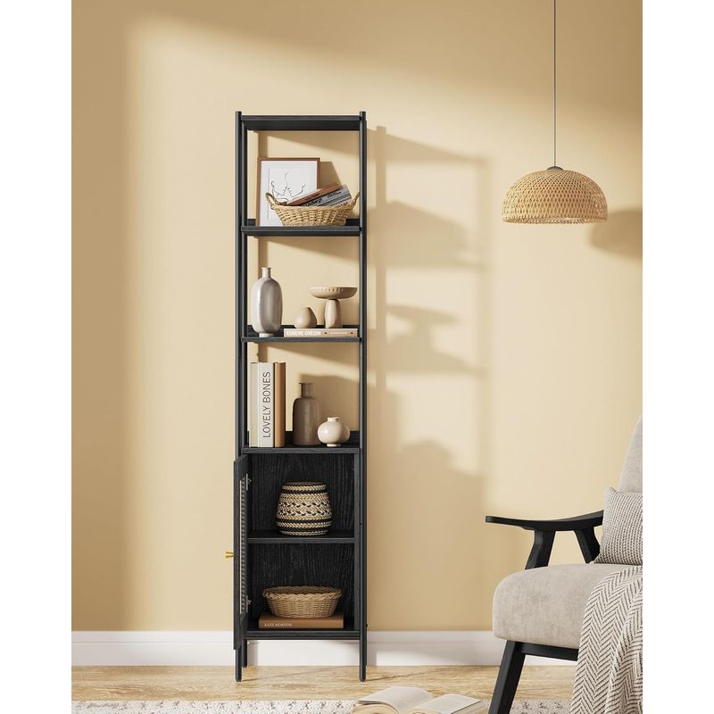 Casa si Gradina - Mobilier - Biblioteci si rafturi - Biblioteci - Biblioteca cu 6 etaje, cadru metalic, usa cu efect ratan Boho, 30x40x175 cm, negru - Infinity.ro