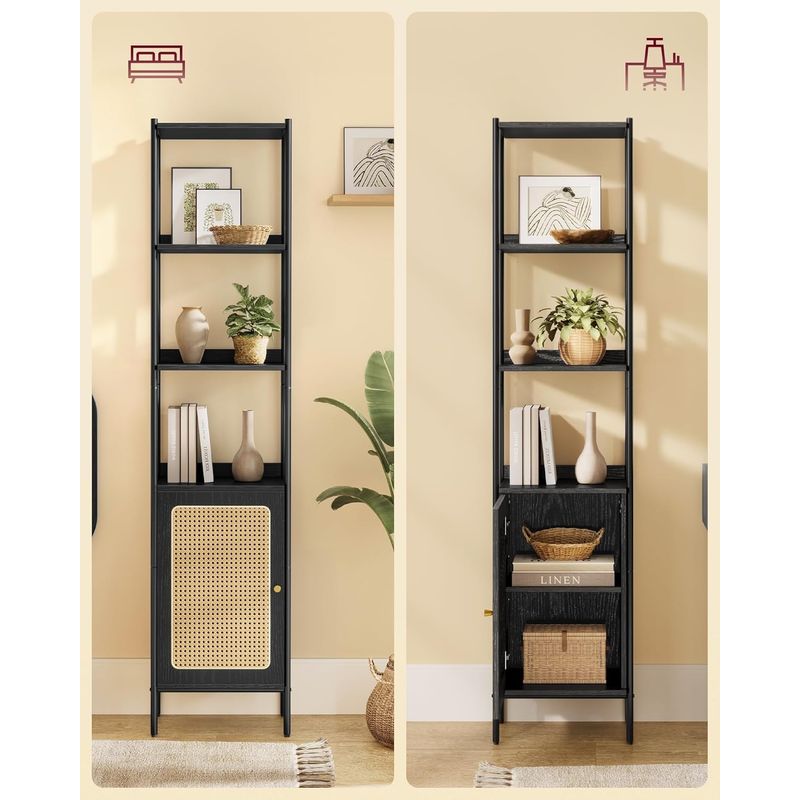 Casa si Gradina - Mobilier - Biblioteci si rafturi - Biblioteci - Biblioteca cu 6 etaje, cadru metalic, usa cu efect ratan Boho, 30x40x175 cm, negru - Infinity.ro