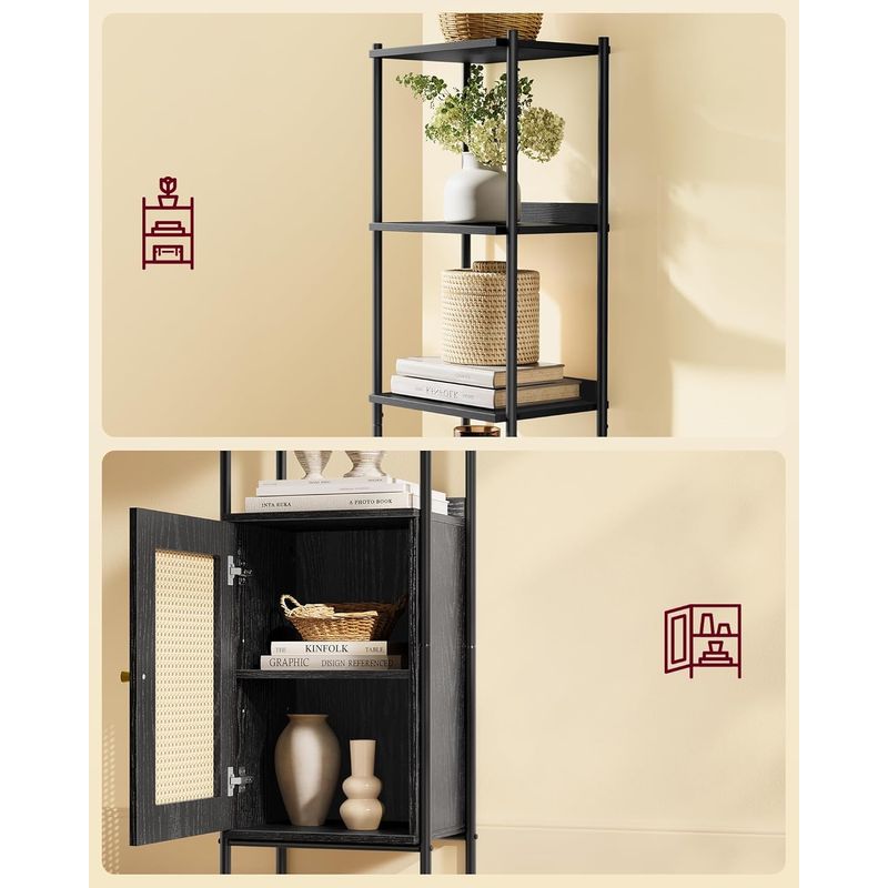 Casa si Gradina - Mobilier - Biblioteci si rafturi - Biblioteci - Biblioteca cu 6 etaje, cadru metalic, usa cu efect ratan Boho, 30x40x175 cm, negru - Infinity.ro