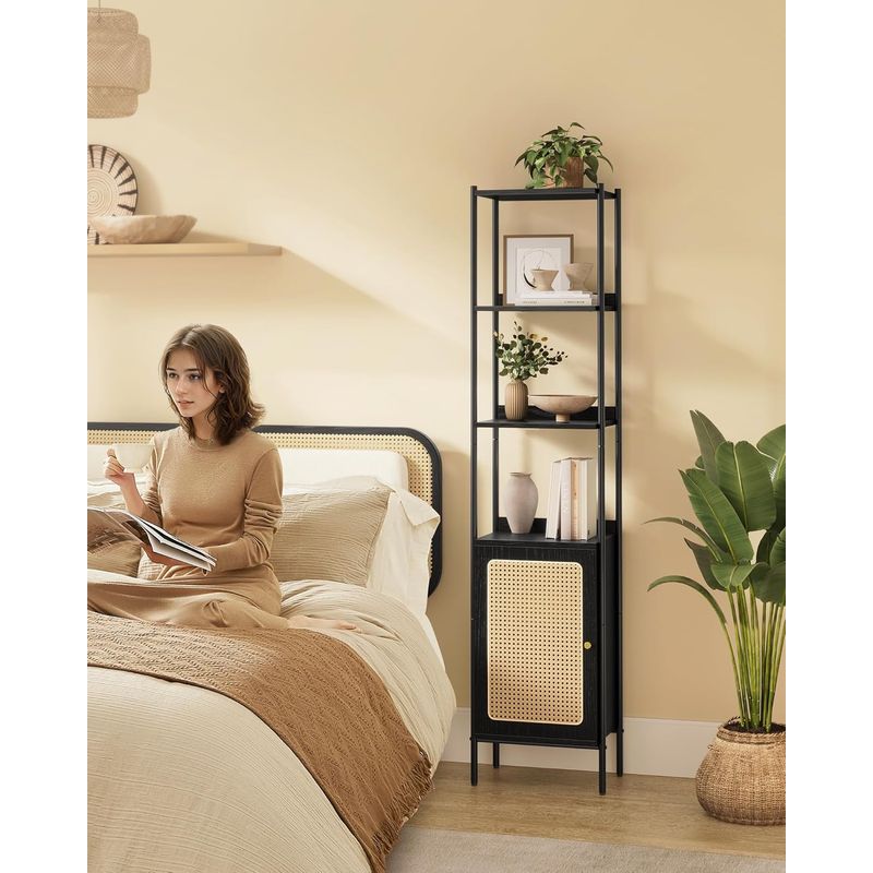 Casa si Gradina - Mobilier - Biblioteci si rafturi - Biblioteci - Biblioteca cu 6 etaje, cadru metalic, usa cu efect ratan Boho, 30x40x175 cm, negru - Infinity.ro