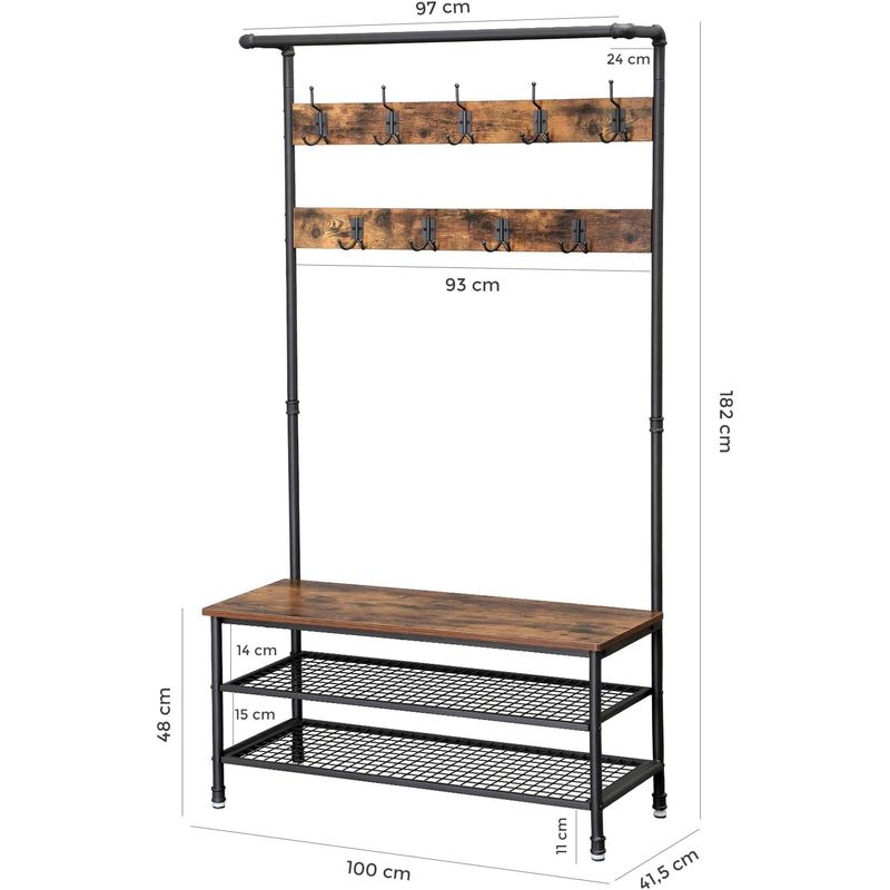 Casa si Gradina - Mobilier - Organizare si depozitare - Cuiere - Cuier pentru haine cu 9 carlige si suport pentru pantofi, stil industrial, cadru din otel, 100x42x182 cm - Infinity.ro