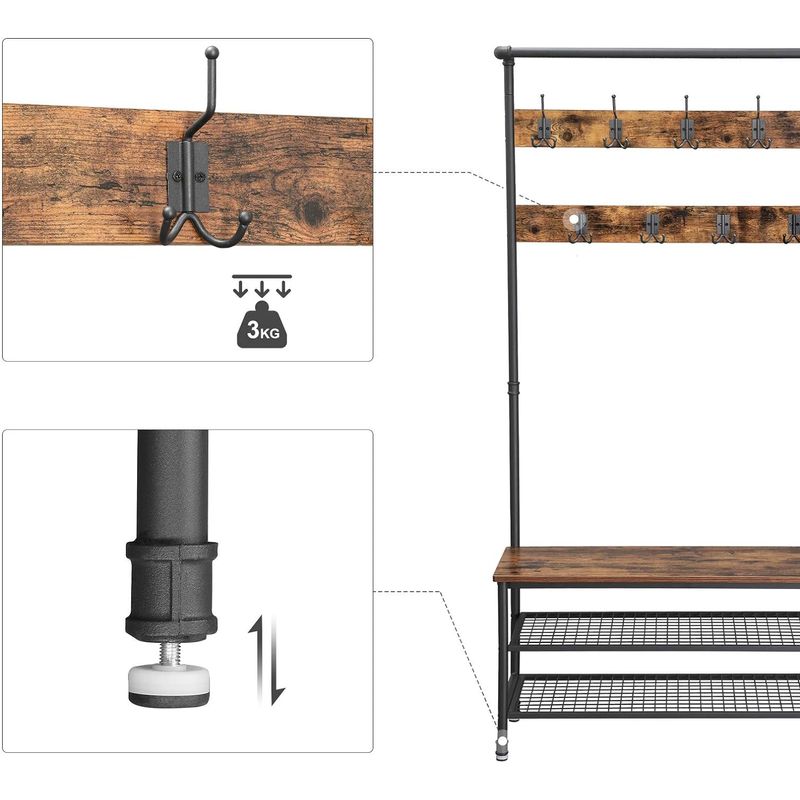 Casa si Gradina - Mobilier - Organizare si depozitare - Cuiere - Cuier pentru haine cu 9 carlige si suport pentru pantofi, stil industrial, cadru din otel, 100x42x182 cm - Infinity.ro