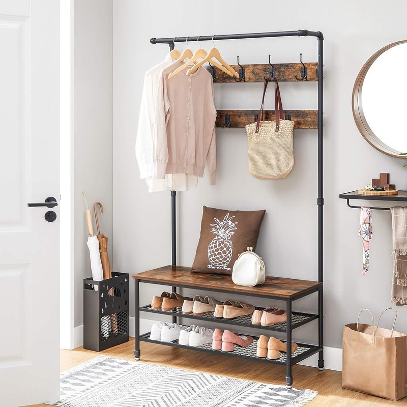 Casa si Gradina - Mobilier - Organizare si depozitare - Cuiere - Cuier pentru haine cu 9 carlige si suport pentru pantofi, stil industrial, cadru din otel, 100x42x182 cm - Infinity.ro