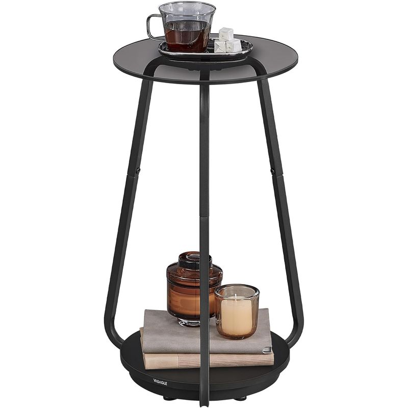 Casa si Gradina - Mobilier - Mese si birouri - Masute de cafea - Masuta rotunda tip noptiera, blat din sticla si raft inferior din PAL, cadru metalic, 30x30x55 cm, negru - Infinity.ro