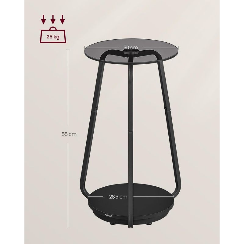 Casa si Gradina - Mobilier - Mese si birouri - Masute de cafea - Masuta rotunda tip noptiera, blat din sticla si raft inferior din PAL, cadru metalic, 30x30x55 cm, negru - Infinity.ro