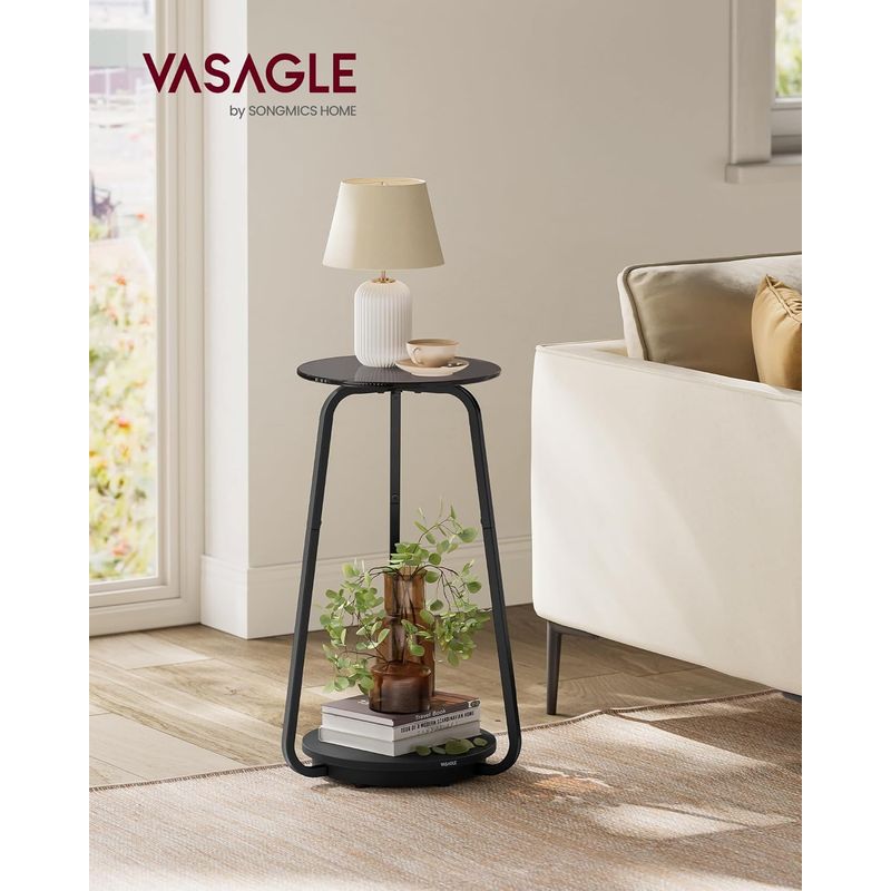 Casa si Gradina - Mobilier - Mese si birouri - Masute de cafea - Masuta rotunda tip noptiera, blat din sticla si raft inferior din PAL, cadru metalic, 30x30x55 cm, negru - Infinity.ro