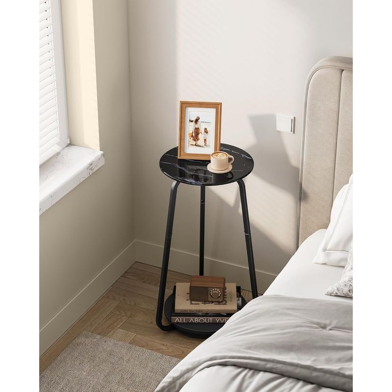 Casa si Gradina - Mobilier - Mese si birouri - Masute de cafea - Masuta rotunda tip noptiera, blat din sticla si raft inferior din PAL, cadru metalic, 30x30x55 cm, negru - Infinity.ro
