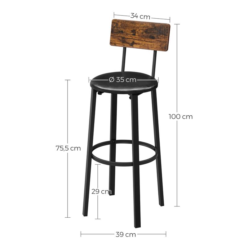 Casa si Gradina - Mobilier - Scaune si fotolii - Scaune - Set 2 scaune de bar cu spatar din PAL, sezut moale tapitat, 39x100x76cm, maro rustic si negru - Infinity.ro