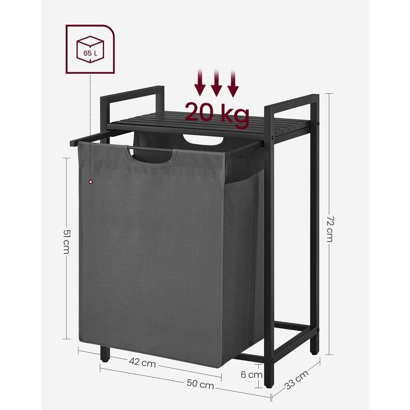 Market - Spalare si intretinere rufe - Uscatoare de rufe si accesorii - Cos de rufe, sac de rufe detasabil, raft, cadru metalic, 65L, 50x33x72 cm, negru si gri - Infinity.ro