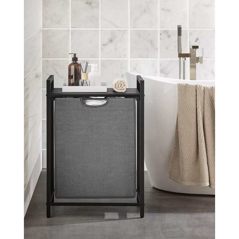 Market - Spalare si intretinere rufe - Uscatoare de rufe si accesorii - Cos de rufe, sac de rufe detasabil, raft, cadru metalic, 65L, 50x33x72 cm, negru si gri - Infinity.ro