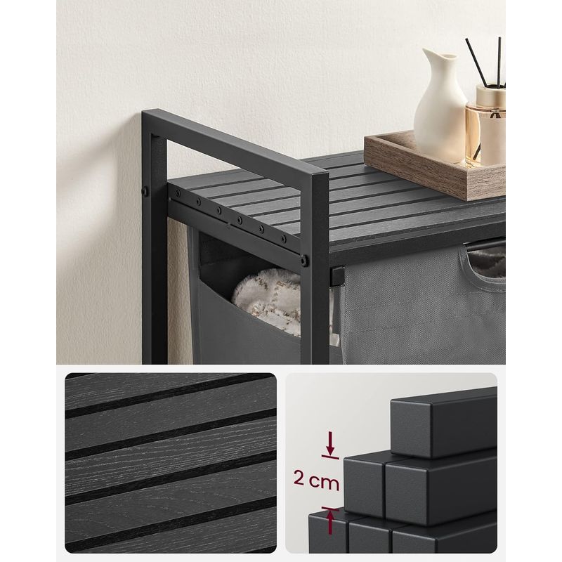 Market - Spalare si intretinere rufe - Uscatoare de rufe si accesorii - Cos de rufe, sac de rufe detasabil, raft, cadru metalic, 65L, 50x33x72 cm, negru si gri - Infinity.ro