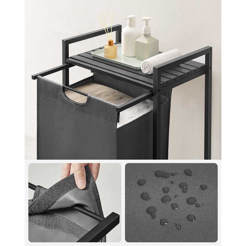 Market - Spalare si intretinere rufe - Uscatoare de rufe si accesorii - Cos de rufe, sac de rufe detasabil, raft, cadru metalic, 65L, 50x33x72 cm, negru si gri - Infinity.ro