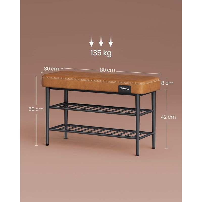 Casa si Gradina - Mobilier - Dulapuri si sifoniere - Dulapuri pantofi - Banca pantofi 80x30x50 cm, cu rafturi si sezut tapitat, otel si piele PU, maro caramel - Infinity.ro