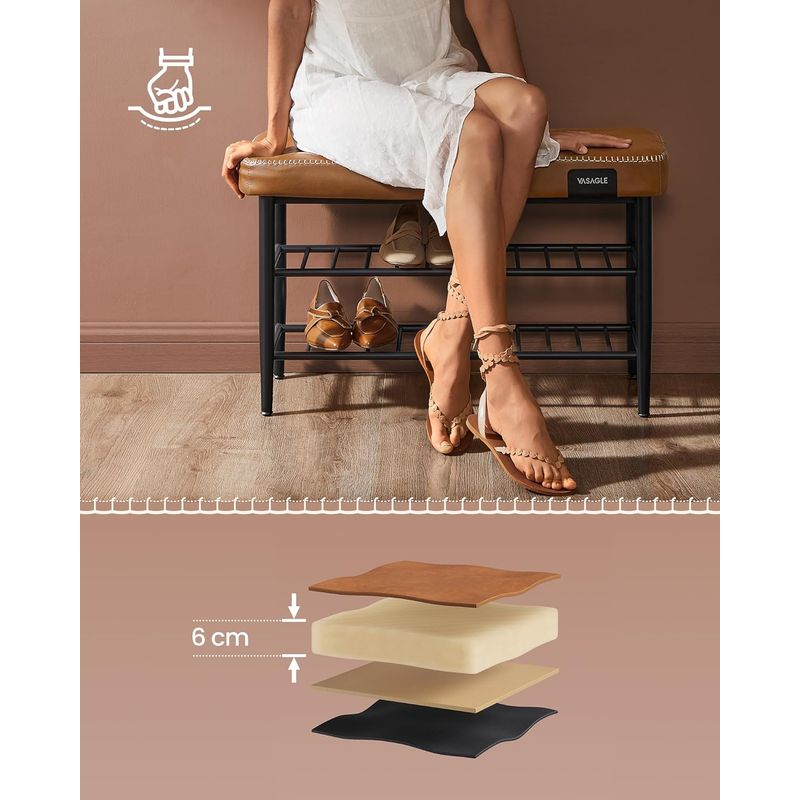 Casa si Gradina - Mobilier - Dulapuri si sifoniere - Dulapuri pantofi - Banca pantofi 80x30x50 cm, cu rafturi si sezut tapitat, otel si piele PU, maro caramel - Infinity.ro