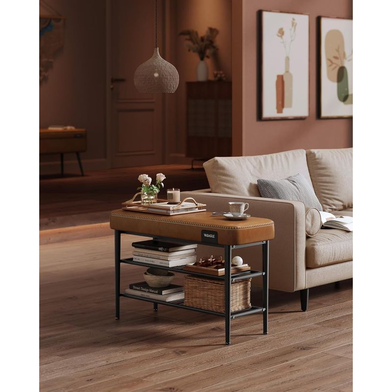 Casa si Gradina - Mobilier - Dulapuri si sifoniere - Dulapuri pantofi - Banca pantofi 80x30x50 cm, cu rafturi si sezut tapitat, otel si piele PU, maro caramel - Infinity.ro