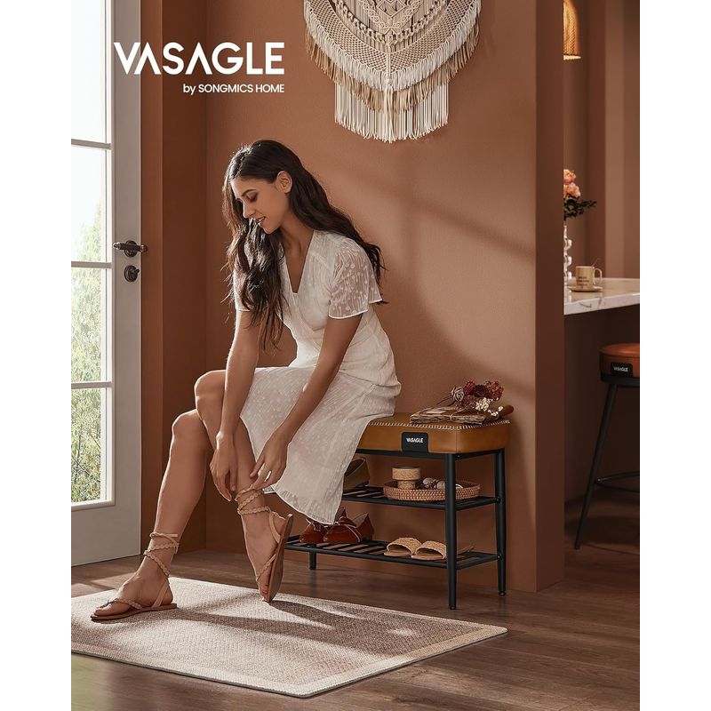 Casa si Gradina - Mobilier - Dulapuri si sifoniere - Dulapuri pantofi - Banca pantofi 80x30x50 cm, cu rafturi si sezut tapitat, otel si piele PU, maro caramel - Infinity.ro