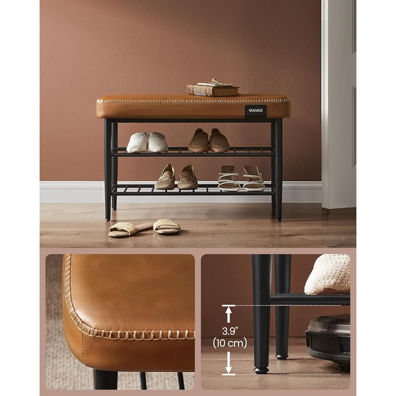 Casa si Gradina - Mobilier - Dulapuri si sifoniere - Dulapuri pantofi - Banca pantofi 80x30x50 cm, cu rafturi si sezut tapitat, otel si piele PU, maro caramel - Infinity.ro