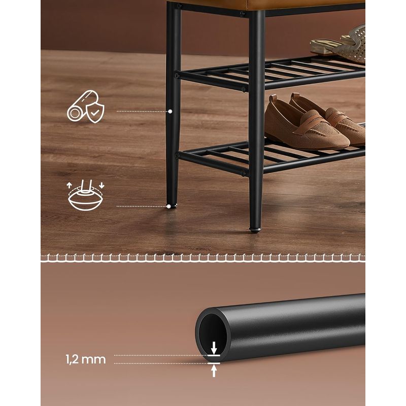 Casa si Gradina - Mobilier - Dulapuri si sifoniere - Dulapuri pantofi - Banca pantofi 80x30x50 cm, cu rafturi si sezut tapitat, otel si piele PU, maro caramel - Infinity.ro