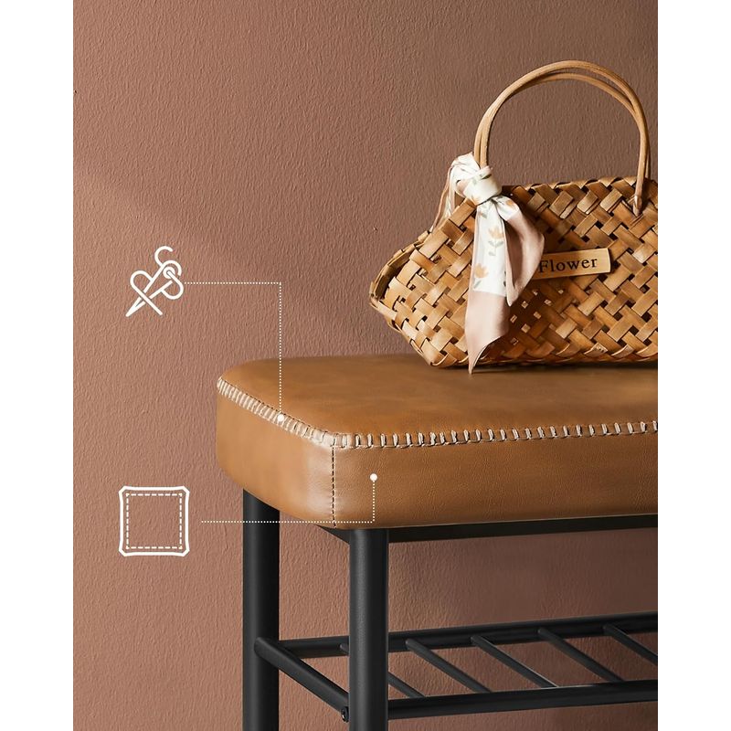 Casa si Gradina - Mobilier - Dulapuri si sifoniere - Dulapuri pantofi - Banca pantofi 80x30x50 cm, cu rafturi si sezut tapitat, otel si piele PU, maro caramel - Infinity.ro