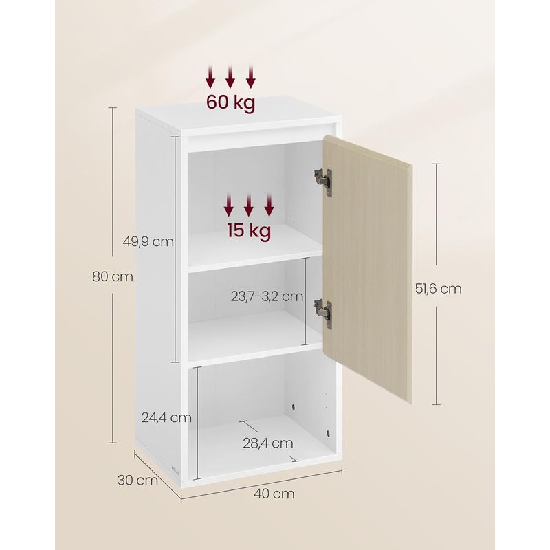Casa si Gradina - Mobilier - Mobilier baie - Corpuri baie - Dulap de baie de perete cu 3 polite, usa cu directie de deschidere reglabila, 30x40x80 cm, alb cu bej - Infinity.ro